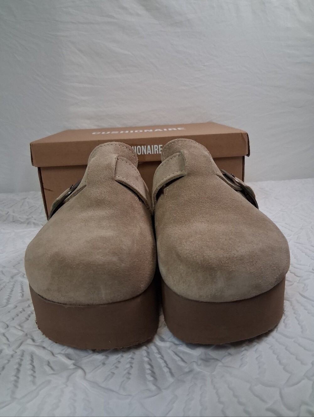 Cushionaire New Platform Suede Mule with Buckle in Taupe - Picture 7 of 17